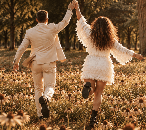 Stel loopt hand in hand door een veld met madeliefjes, van achteren gefotografeerd. Symbolisch beeld bij een blog over 25 jaar samen en waarom geen enkele relatie perfect is.